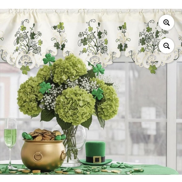 St Patrick's Day Clover Shamrock Embroidered Ivory & Green Kitchen Valance 40.5 - Picture 2 of 3